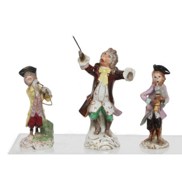 French Antique Germany Porcelain 3 Piece Monkey Orchestra Figurines For Sale - Image 3 of 3
