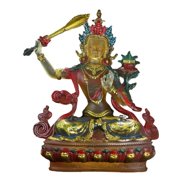 Vintage Liuli Glass Manjushri Bodhisattva Sculpture For Sale