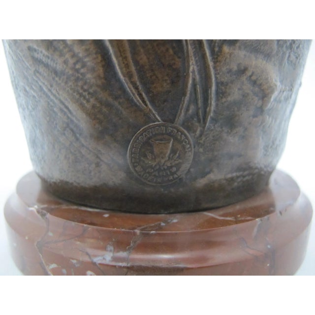 Francois Moreau Signed Female Figural Bird & Flower Art Nouveau Bronze Vase Pair For Sale - Image 13 of 17