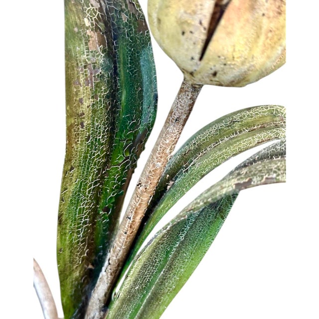 Mid 20th Century Vintage Italian Hand Painted Tole Tulip Candle Holders / Botanical Floral Candlesticks, a Pair For Sale - Image 5 of 5