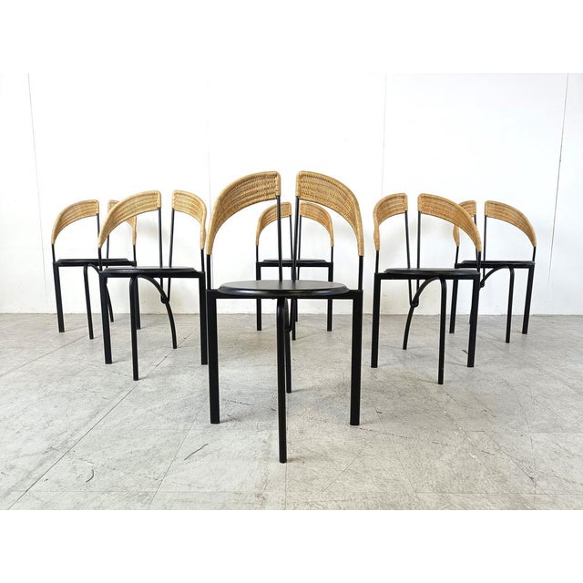 Italian Postmodern Wicker and Metal Dining Chairs, 1980s, Set of 6 For Sale - Image 11 of 11