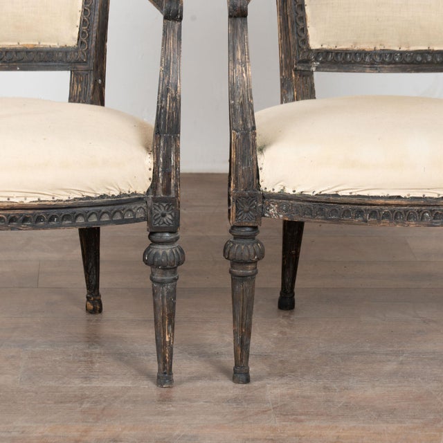 Wood Pair 19th Century Swedish Gustavian Black Painted Carved Armchairs For Sale - Image 7 of 16