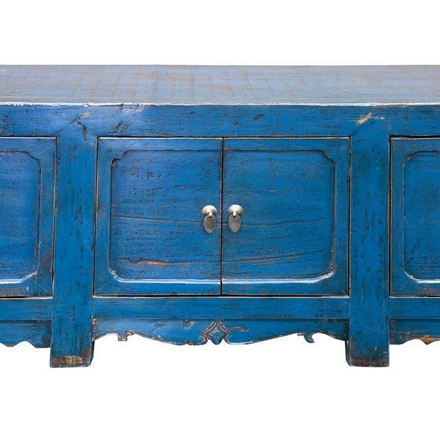 Vintage Distressed Cerulean Blue Doors Low Tv Stand Console Table Cabinet For Sale - Image 9 of 12