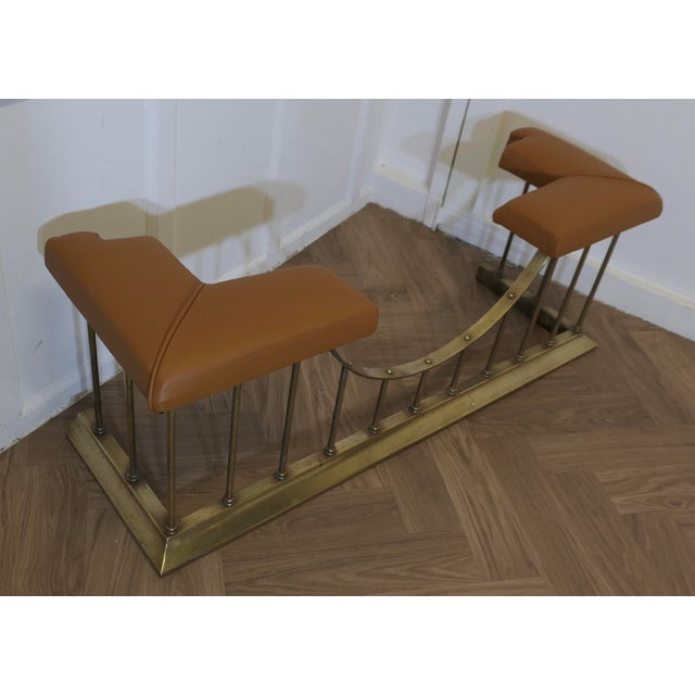Leather Upholstered Brass Club Fender For Sale - Image 3 of 9