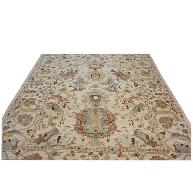 Persian Sultanabad Wool 10x14 Ivory, Rust, Light Blue & Tan Handmade Area Rug #1142046 For Sale - Image 4 of 9