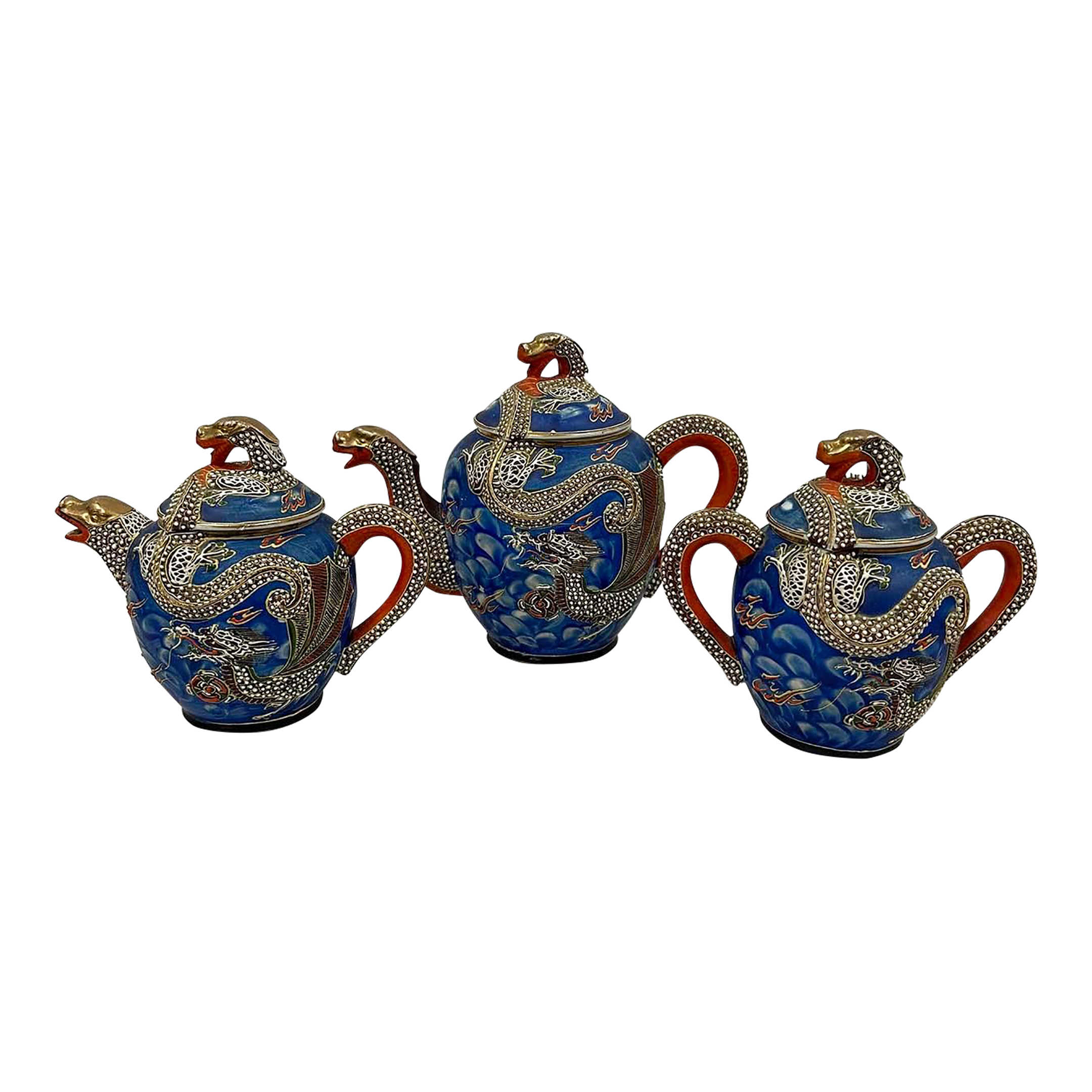 Mid-20th Century Japanese Kutani Blue Moriage Dragonware Teapots