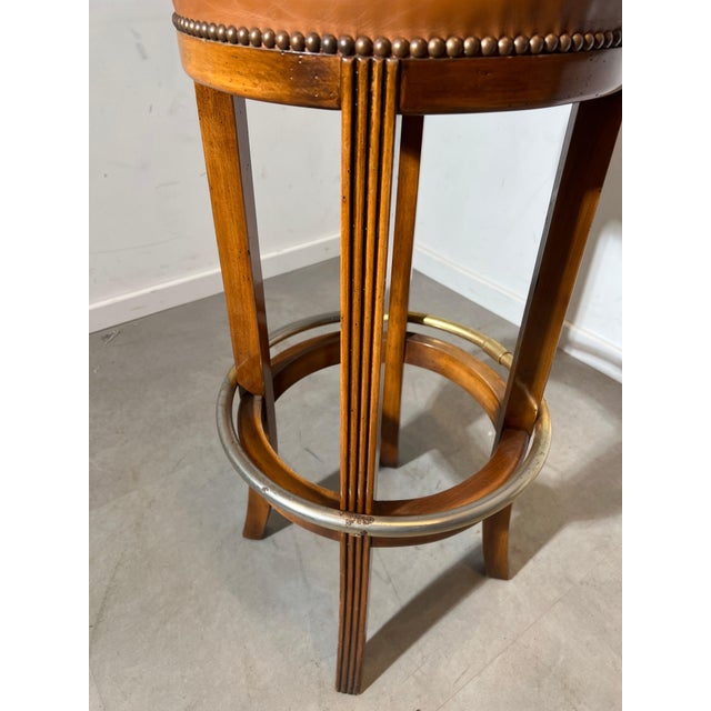 Vintage Wooden Bar Stools with Leather Seat and Brass Footrest, Set of 2 For Sale - Image 5 of 6