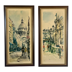 1950's Mid Century Jan Korthals Framed Litho Prints on Board Sacré-Cœur Paris Street Scenes Crafted by Franklin- A Pair