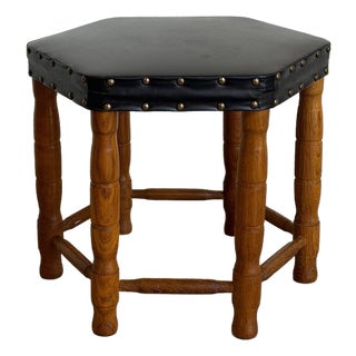 Black Leather Hexagonal Ottoman With Wooden Legs Danish Mid-Century Modern 1970s For Sale