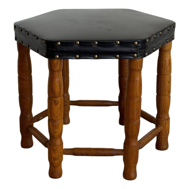 Black Leather Hexagonal Ottoman With Wooden Legs Danish Mid-Century Modern 1970s For Sale