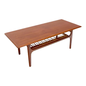 Danish Teak Mid-Century Modern Rectangular Coffee Table with Cane Shelf