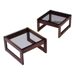 Pair of Percival Lafer Low Profile Rosewood and Smoked Glass Side Tables or Platform Bed Nightstands For Sale