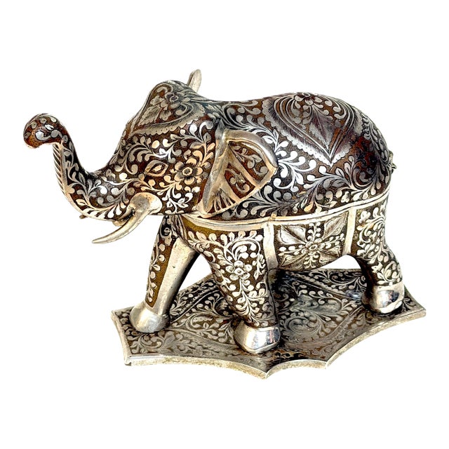 Indian Silvered & Enamel Engraved Bronze Elephant Automaton Swiss Music box For Sale