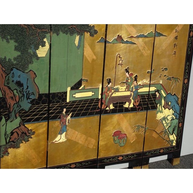 35"t Vintage Oriental Asian Gold Chinioiserie Coromandel 4 Four Panel Screen For Sale In Los Angeles - Image 6 of 13