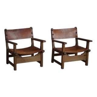 Mid 20th Century Spanish Brutalist Armchairs in Wood & Leather, 1960s, Set of 2 For Sale