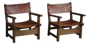Mid 20th Century Spanish Brutalist Armchairs in Wood & Leather, 1960s, Set of 2
