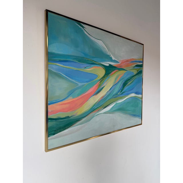 A striking 1970s vintage Expressionist abstract acrylic on canvas featuring flowing organic forms in soothing shades of...