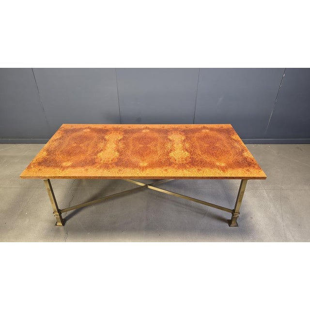 Metal Vintage Burl Wood and Brass Dining Table from Belgochrom, 1970s For Sale - Image 7 of 11