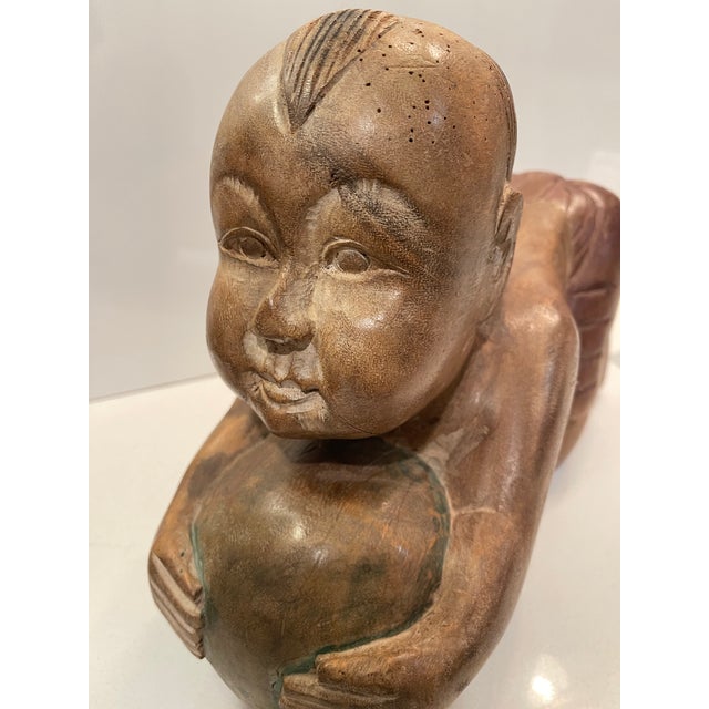 Antique Chinese Opium Pillow (Wooden Statue of Baby Buddha), Imperfect Wood For Sale - Image 10 of 12
