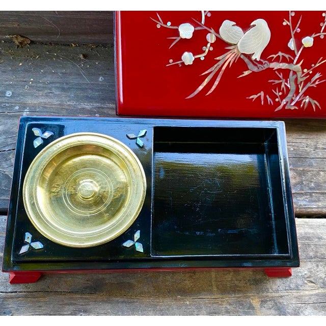 Mid 20th Century Vintage Japanese Red Lacquer Smoking Box With Mother-of-Pearl Birds and Brass Ash Receiver For Sale - Image 5 of 16