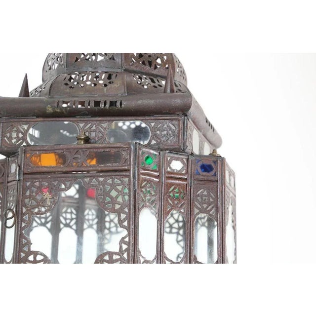 Metal Vintage Moroccan Handcrafted Lantern Ceiling Light With Multi-Color Glass For Sale - Image 7 of 12