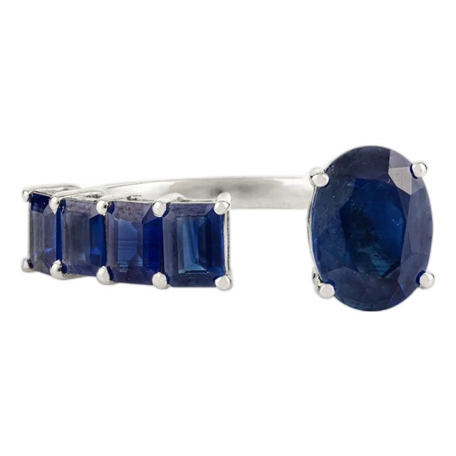 Contemporary 14k White Gold Sapphire Open Cocktail Ring Size 5 For Sale