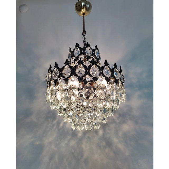 Brown Antique Brass Crystal Basket Chandelier For Sale - Image 8 of 11