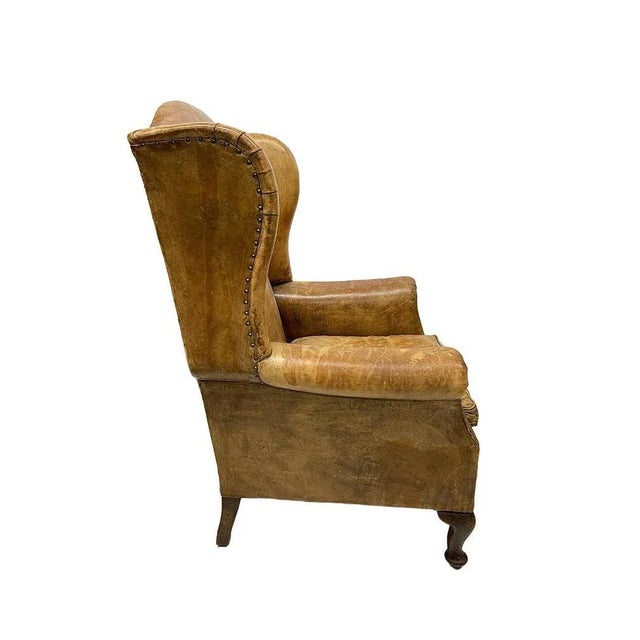 Wood Vintage Leather Wingback Chair For Sale - Image 7 of 9
