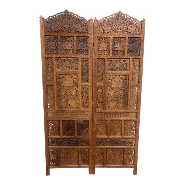 Vintage Hand Carved Two Panel Teak Room Divider Folding Screen For Sale