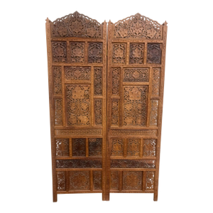 Vintage Hand Carved Two Panel Teak Room Divider Folding Screen