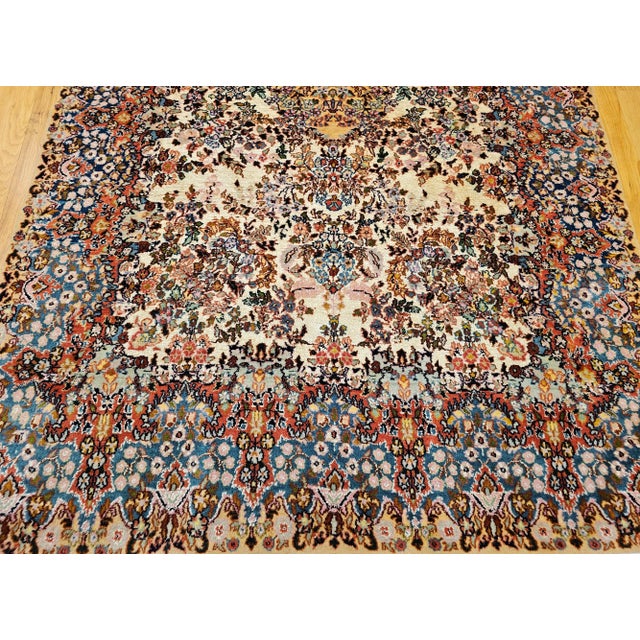 Vintage Persian Kerman Lavar Area Rug, Handwoven All-Over Floral Pattern, Ivory & Blue, 4’ X 7’ For Sale - Image 4 of 12