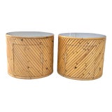 Image of Vintage Split Reed Bamboo Side Tables With Mirrored Tops-A Pair For Sale