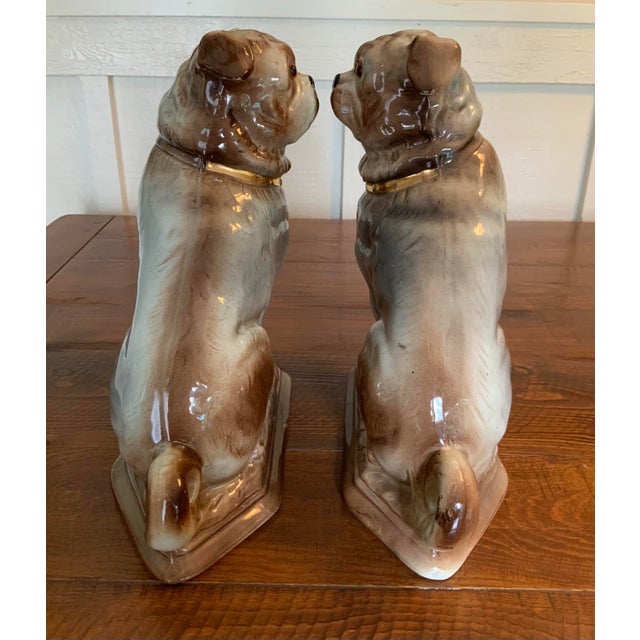 Ceramic 19th Century Antique Pair of Bo’Ness Pug Dog Figurines - Staffordshire Style Scottish Pottery With Glass Eyes & Gilt Collars - 12” Tall For Sale - Image 7 of 10
