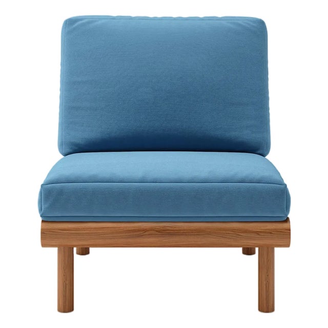 Rishon Dark Teak Outdoor Lounge Chair – Classic Cushion Edition in Sunbrella Sapphire Blue For Sale