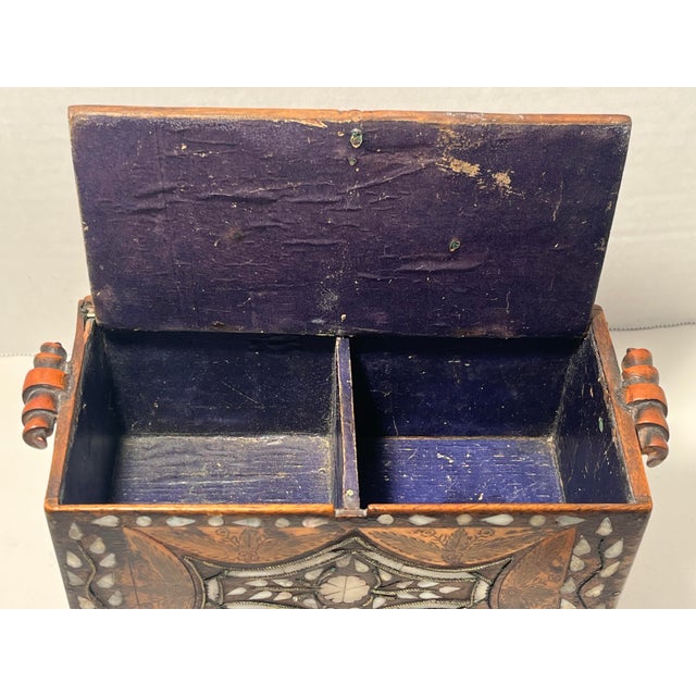 Brown Antique 19th C. Moroccan Wooden Hand Crafted Mother of Pearl and Copper Dowry Box For Sale - Image 8 of 13