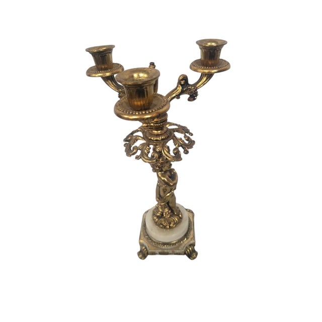 Pair of Vintage French Rococo-Style Figural Three-Light Candelabras With Marble Bases For Sale - Image 6 of 8
