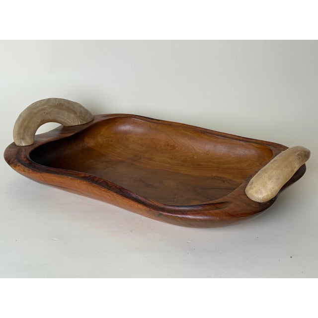 Spanish Olive Wood Centerpiece Bowl with Cow Horn Handles, 1960s For Sale - Image 11 of 15