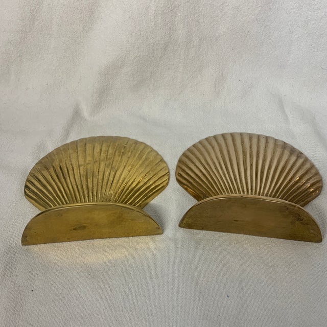 Vintage Solid Brass Clam Seashell Bookends - Pair For Sale - Image 4 of 5
