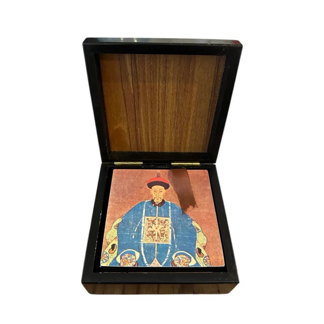 A rare, vintage lacquerware box and coaster set, in the Manner of Mottahedeh. Features a box depicting a Chinese ancestor...