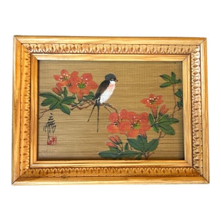 1970’s Original Asian Style Bird on Branch Painting on Bamboo For Sale