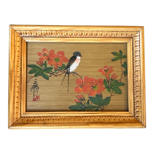 1970’s Original Asian Style Bird on Branch Painting on Bamboo For Sale