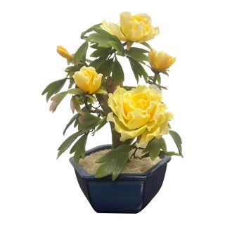 Vintage Glass Yellow Peony Bonsai Flower Tree Potted For Sale