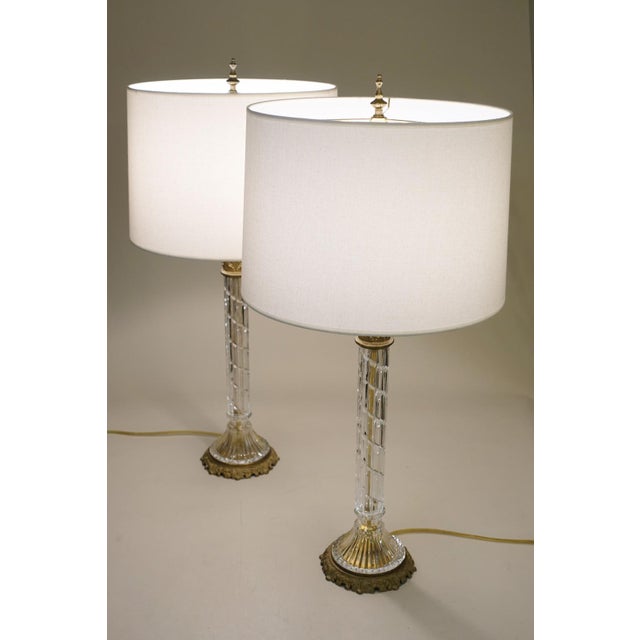 Large Matched Pair Waterford Crystal French Empire Corinthian Column Brass Table Lamps 1960's For Sale - Image 10 of 13