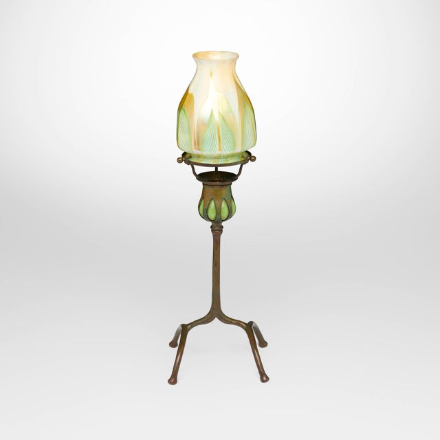 Antique Tiffany Studios Pulled Feather Favrile Glass Blown-Out Candlestick Lamp For Sale - Image 9 of 9