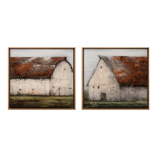 Pair of Leftbank Art Hand-Enhanced Barn Landscapes in Custom Gallery Frames For Sale