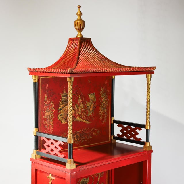 Early 21st Century Pair of Vintage Louis XVI Style Chinoiserie Red Lacquer Display Cabinets For Sale - Image 5 of 17