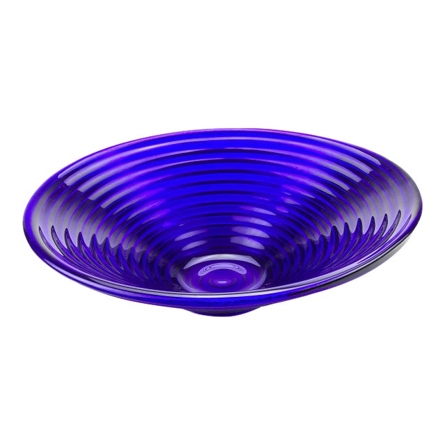 Art Deco Cobalt Blue Ribbed Glass Serving Bowl For Sale
