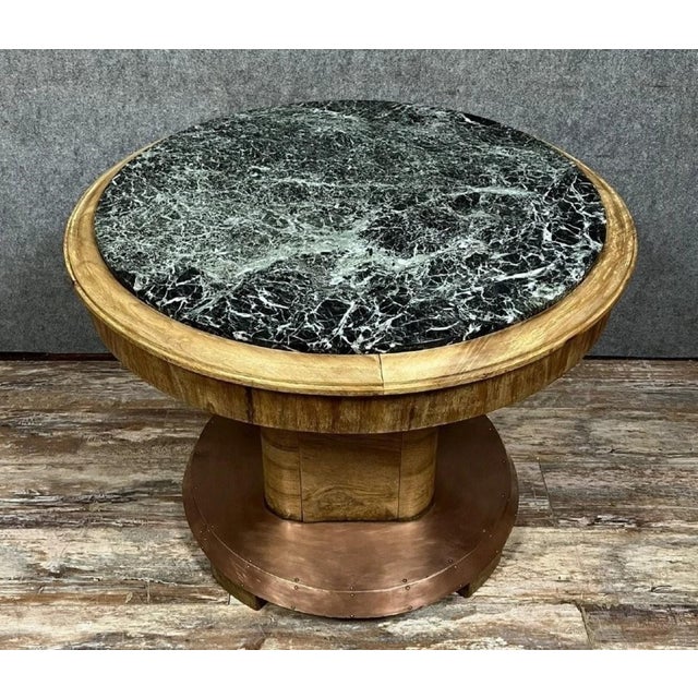 Art Deco Wood and Marble Table – Circular Top – Circa 1930 Art Deco table with a circular top of veined green marble...
