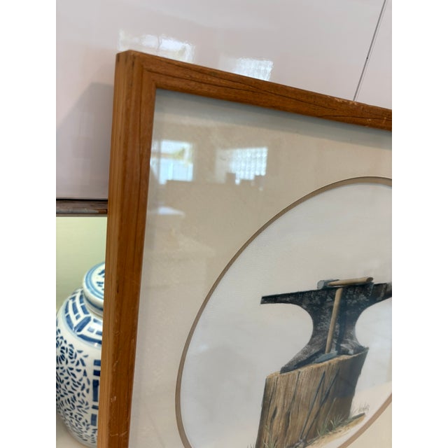 American Vintage Framed Anvil Reproduction Print Blacksmith Tool Illustration in Wood Frame For Sale - Image 3 of 12