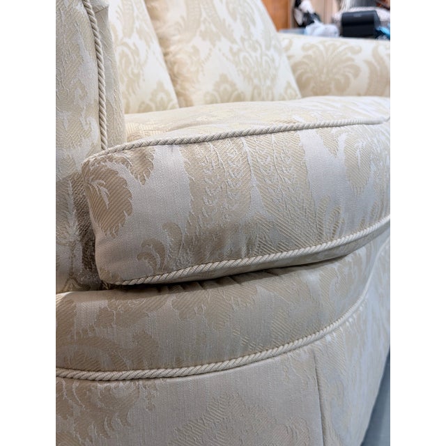 Vintage Ethan Allen Cream Damask Skirted Sofa For Sale - Image 10 of 11